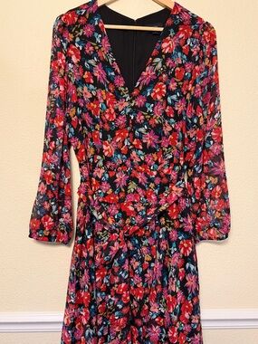 MSK Black Floral Long Sleeve Wrap Dress with Red, Pink & Blue Accents